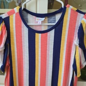 LuLaRoe Ladies Flutter Sleeve Striped Top in Coral, Navy, Yellow & White